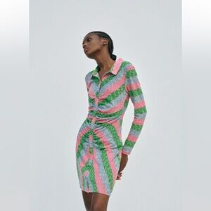 Zara Striped Ruched Dress Pink & Green Fall Large